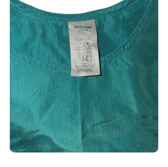 StMichael M&S Silk Blouse 70s Teal Turquoise Blue Europe 14 Vintage Top - Picture 6 of 6